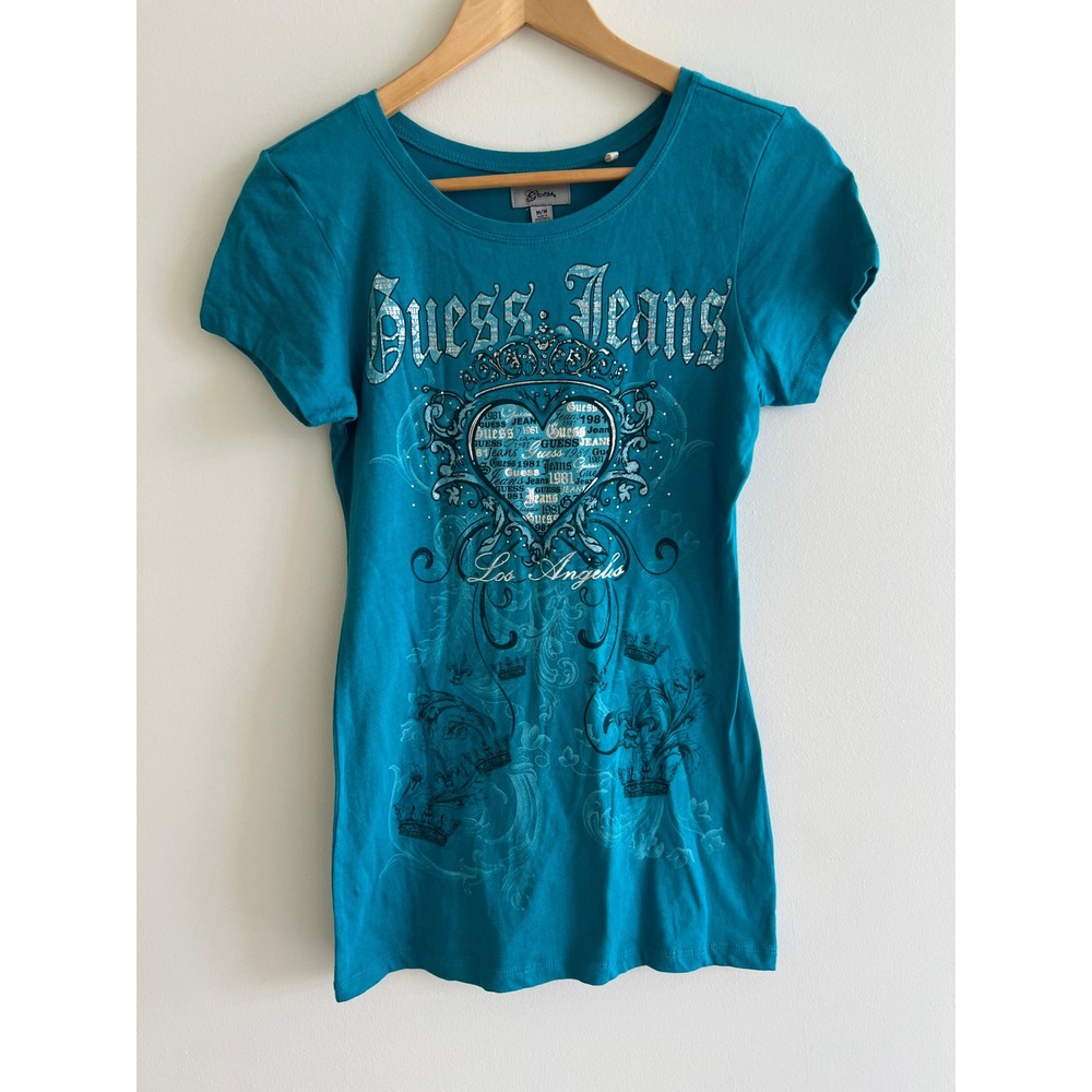 Guess Jeans Medium Teal Y2K Graphic Tee Crown Heart Rhinestone 2000s Top